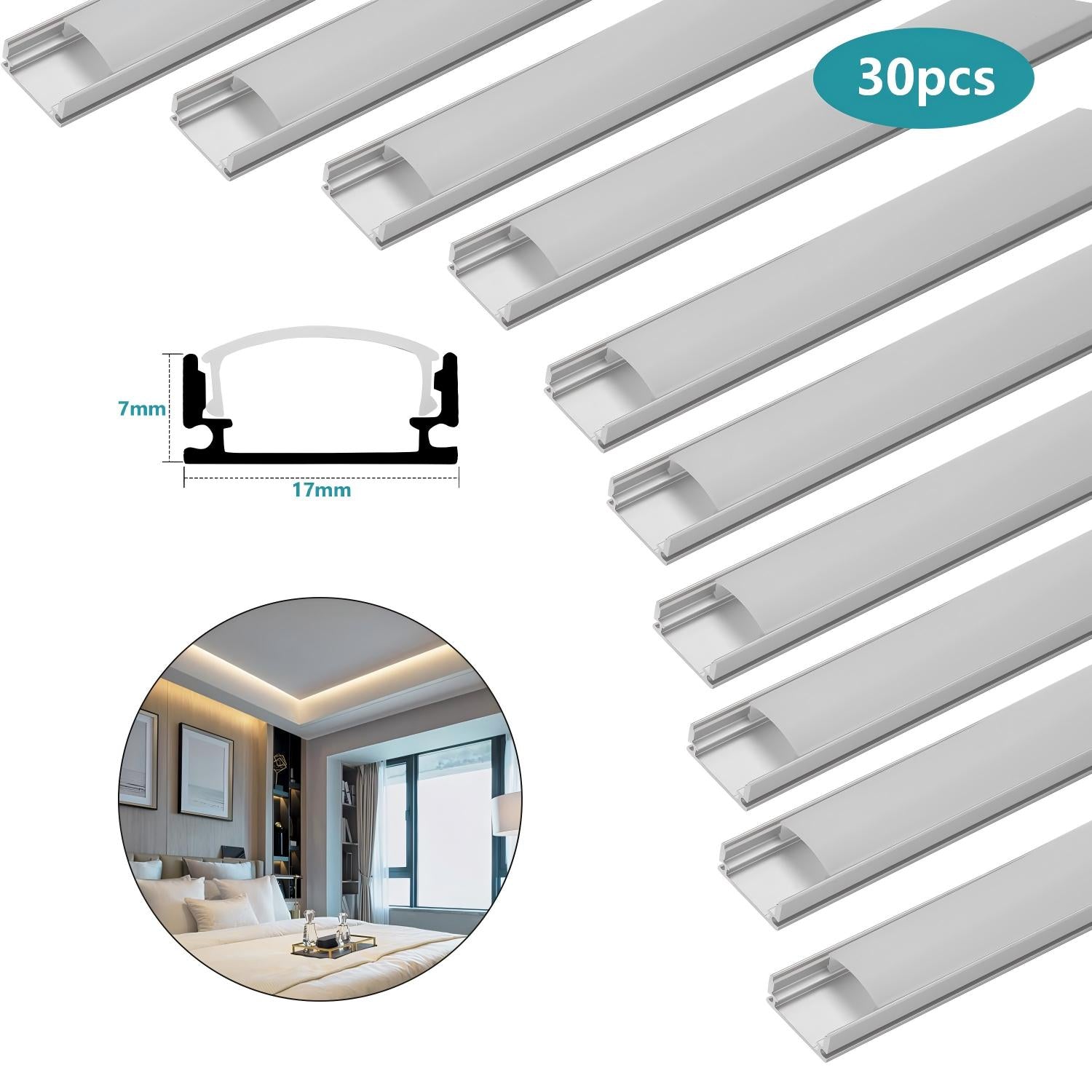 1 Meter lange LED-Aluminiumprofil-Lichtschiene, V-förmige/U-förmige Aluminiumprofile, LED-Schiene mit milchweißen Endkappen und Befestigungsklammern, geeignet für LED-Lichtbänder (Breite bis zu 12,5 mm), LED-Diffusorplatten, 10–50 Stück