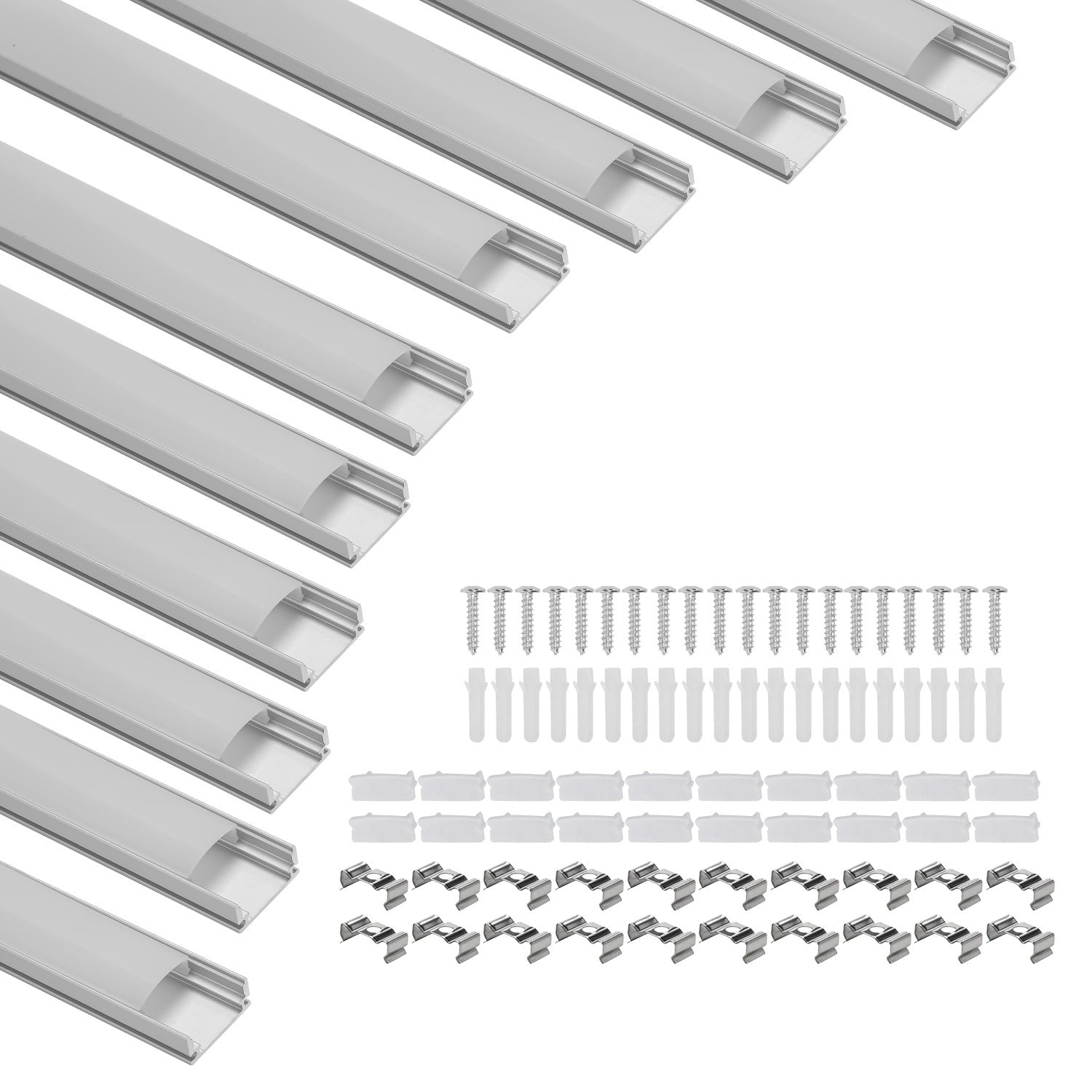 1 Meter lange LED-Aluminiumprofil-Lichtschiene, V-förmige/U-förmige Aluminiumprofile, LED-Schiene mit milchweißen Endkappen und Befestigungsklammern, geeignet für LED-Lichtbänder (Breite bis zu 12,5 mm), LED-Diffusorplatten, 10–50 Stück