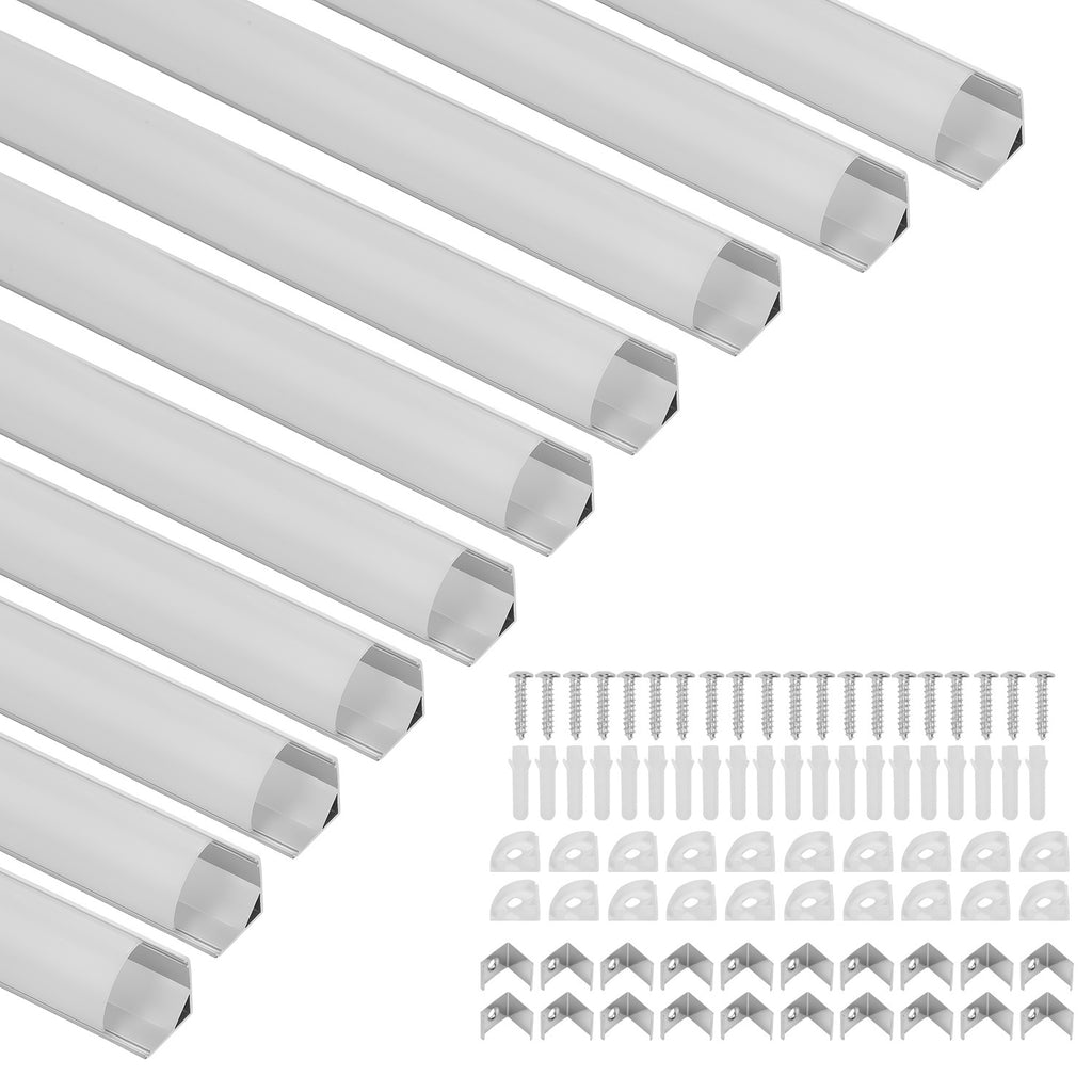 1 Meter lange LED-Aluminiumprofil-Lichtschiene, V-förmige/U-förmige Aluminiumprofile, LED-Schiene mit milchweißen Endkappen und Befestigungsklammern, geeignet für LED-Lichtbänder (Breite bis zu 12,5 mm), LED-Diffusorplatten, 10–50 Stück