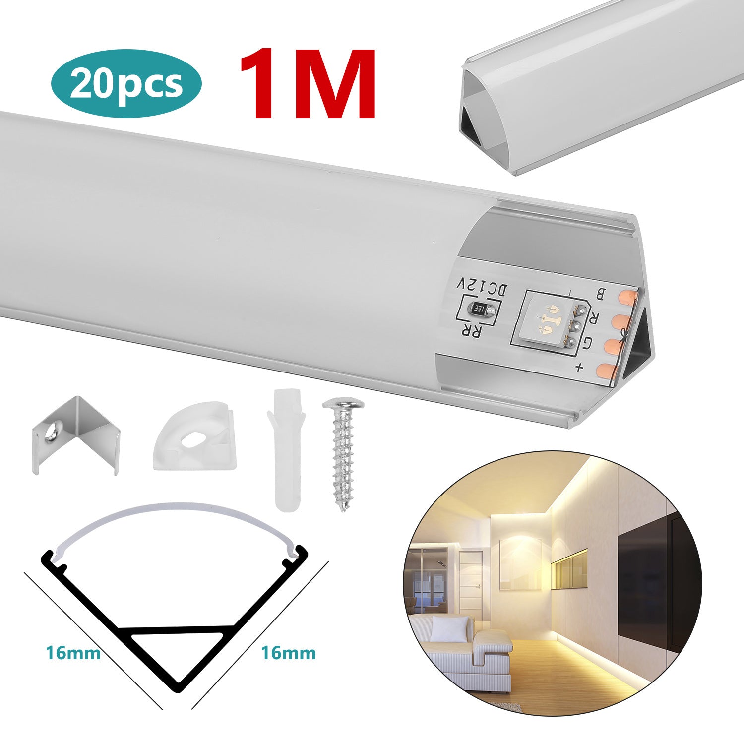 1 Meter lange LED-Aluminiumprofil-Lichtschiene, V-förmige/U-förmige Aluminiumprofile, LED-Schiene mit milchweißen Endkappen und Befestigungsklammern, geeignet für LED-Lichtbänder (Breite bis zu 12,5 mm), LED-Diffusorplatten, 10–50 Stück