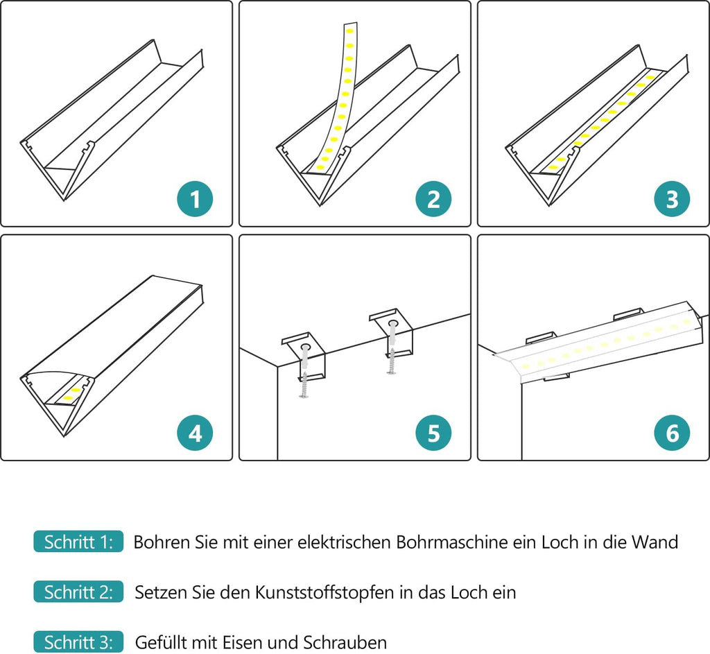 1 Meter lange LED-Aluminiumprofil-Lichtschiene, V-förmige/U-förmige Aluminiumprofile, LED-Schiene mit milchweißen Endkappen und Befestigungsklammern, geeignet für LED-Lichtbänder (Breite bis zu 12,5 mm), LED-Diffusorplatten, 10–50 Stück
