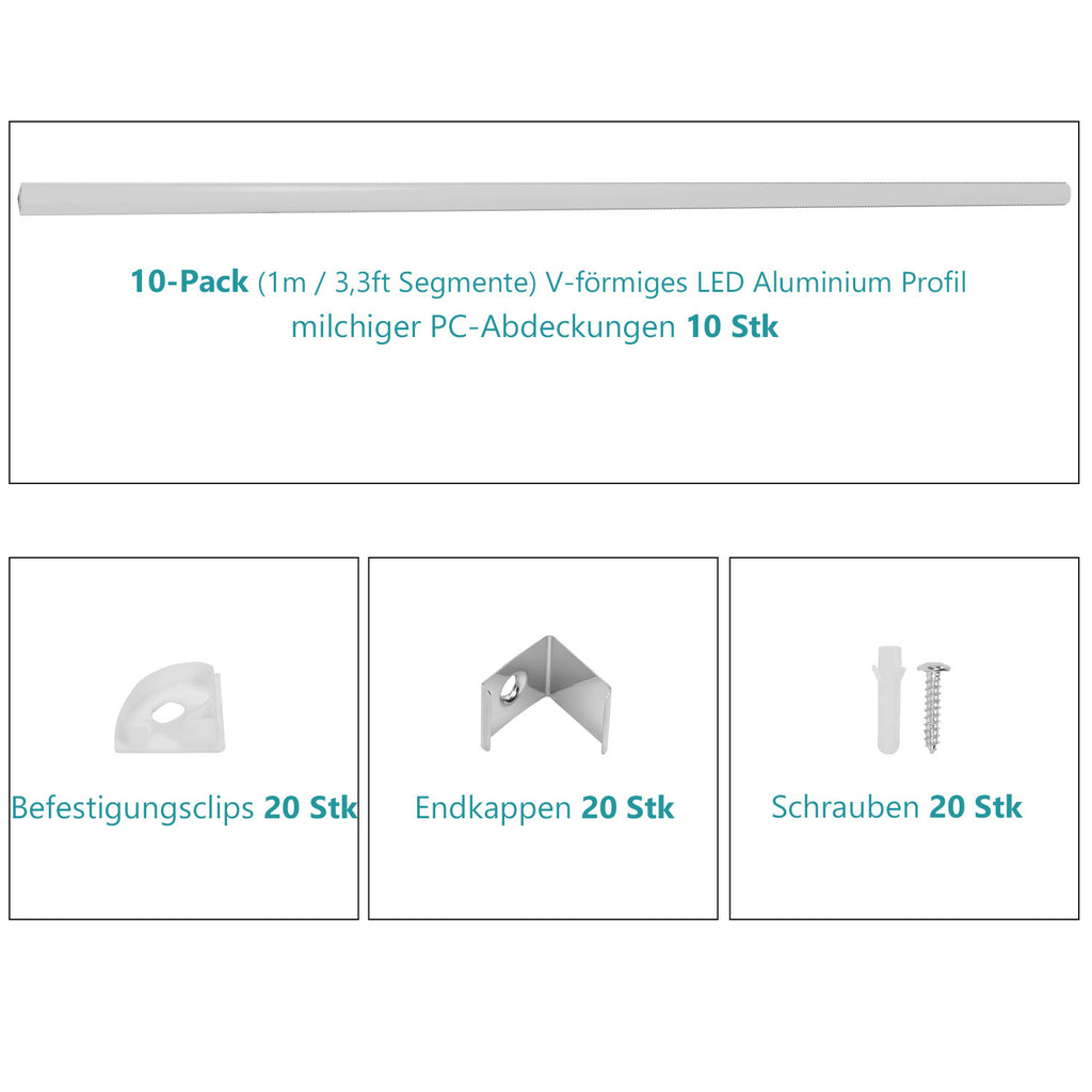 1 Meter lange LED-Aluminiumprofil-Lichtschiene, V-förmige/U-förmige Aluminiumprofile, LED-Schiene mit milchweißen Endkappen und Befestigungsklammern, geeignet für LED-Lichtbänder (Breite bis zu 12,5 mm), LED-Diffusorplatten, 10–50 Stück