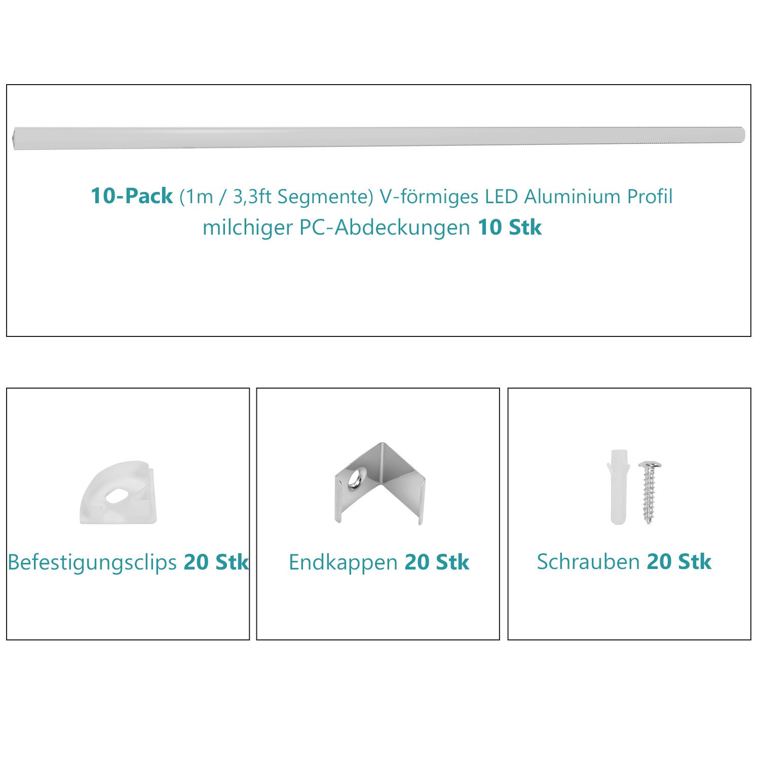 1 Meter lange LED-Aluminiumprofil-Lichtschiene, V-förmige/U-förmige Aluminiumprofile, LED-Schiene mit milchweißen Endkappen und Befestigungsklammern, geeignet für LED-Lichtbänder (Breite bis zu 12,5 mm), LED-Diffusorplatten, 10–50 Stück