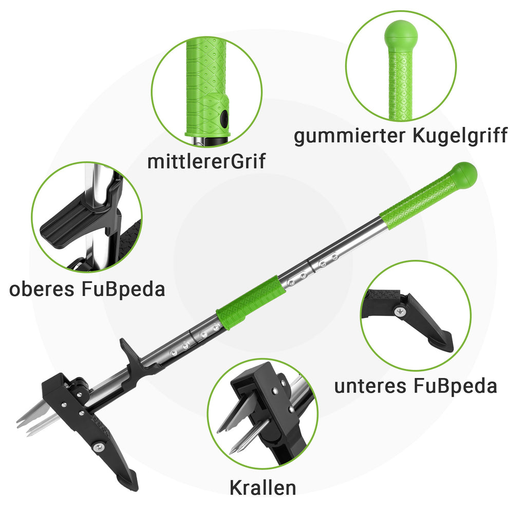 Grüne Unkrauthacke, vertikale Unkrauthacke mit vier Spitzen, Erdspaten, dreiteiliger Aluminium-Löwenzahnspaten, Unkrauthacke mit langem Stiel, geeignet für Garten und Rasen, Werkzeug zum Entfernen von Löwenzahnwurzeln, ergonomisch gestaltet