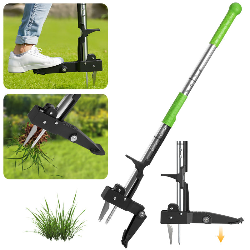 Grüne Unkrauthacke, vertikale Unkrauthacke mit vier Spitzen, Erdspaten, dreiteiliger Aluminium-Löwenzahnspaten, Unkrauthacke mit langem Stiel, geeignet für Garten und Rasen, Werkzeug zum Entfernen von Löwenzahnwurzeln, ergonomisch gestaltet