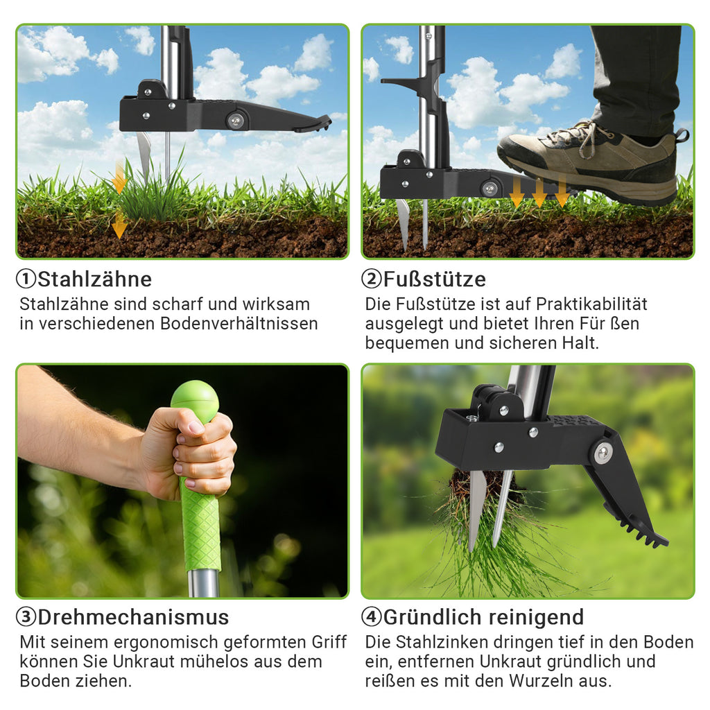 Grüne Unkrauthacke, vertikale Unkrauthacke mit vier Spitzen, Erdspaten, dreiteiliger Aluminium-Löwenzahnspaten, Unkrauthacke mit langem Stiel, geeignet für Garten und Rasen, Werkzeug zum Entfernen von Löwenzahnwurzeln, ergonomisch gestaltet
