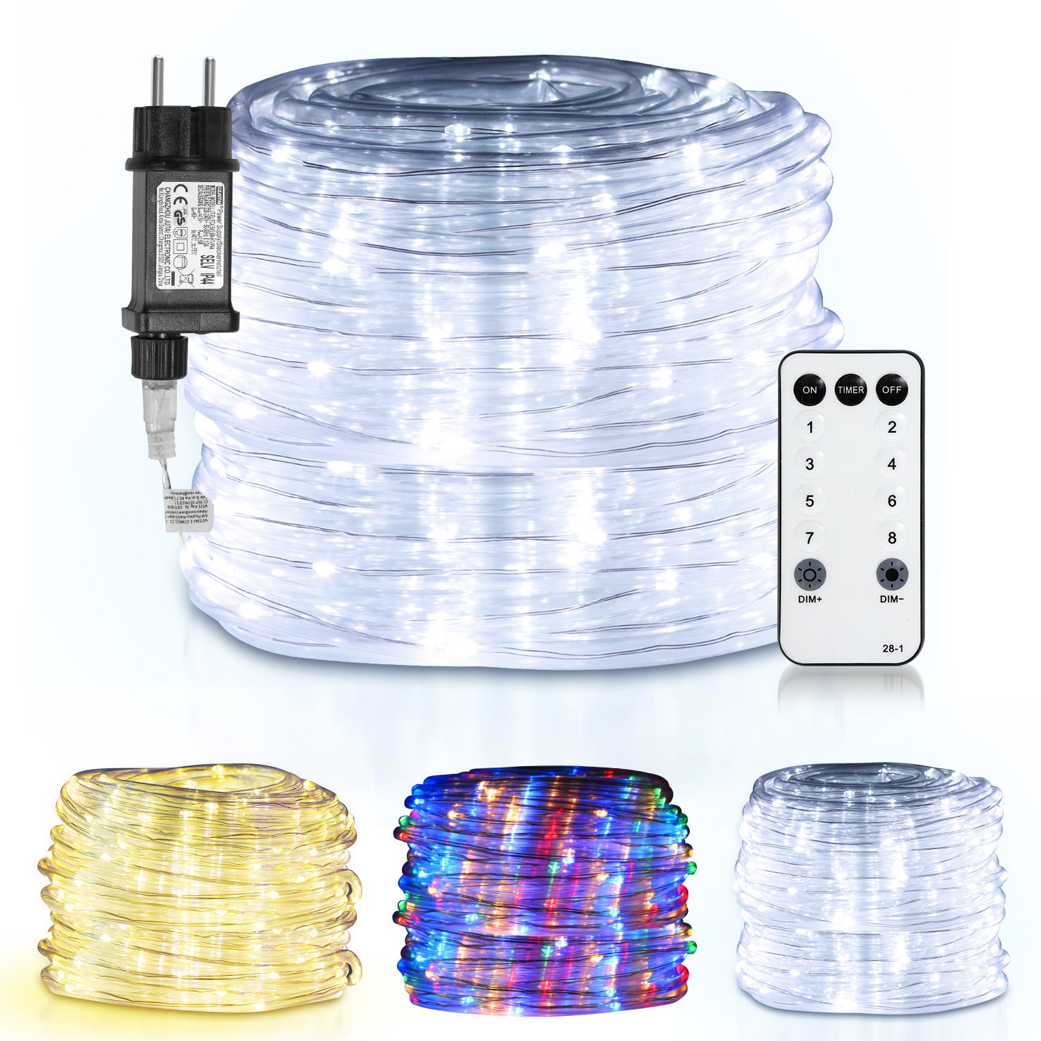 LED-Lichtschläuche, 10/20/30 Meter, Wasserdicht nach Schutzklasse IP65, mit Fernbedienung und 8 Beleuchtungsmodi, dekorative Lichterketten für den Innen- und Außenbereich, kaltweißes Licht/warmweißes Licht/buntes Licht, Helligkeit einstellbar