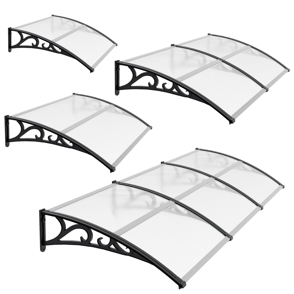 Vordach für Außentüren, transparente PC-Platten + schwarze Verstärkungsstreben, 6 mm dick, einseitig geneigtes, gewölbtes Vordach, schützt vor Sonne und Regen, vier Größen: 120 cm / 150 cm / 200 cm / 300 cm