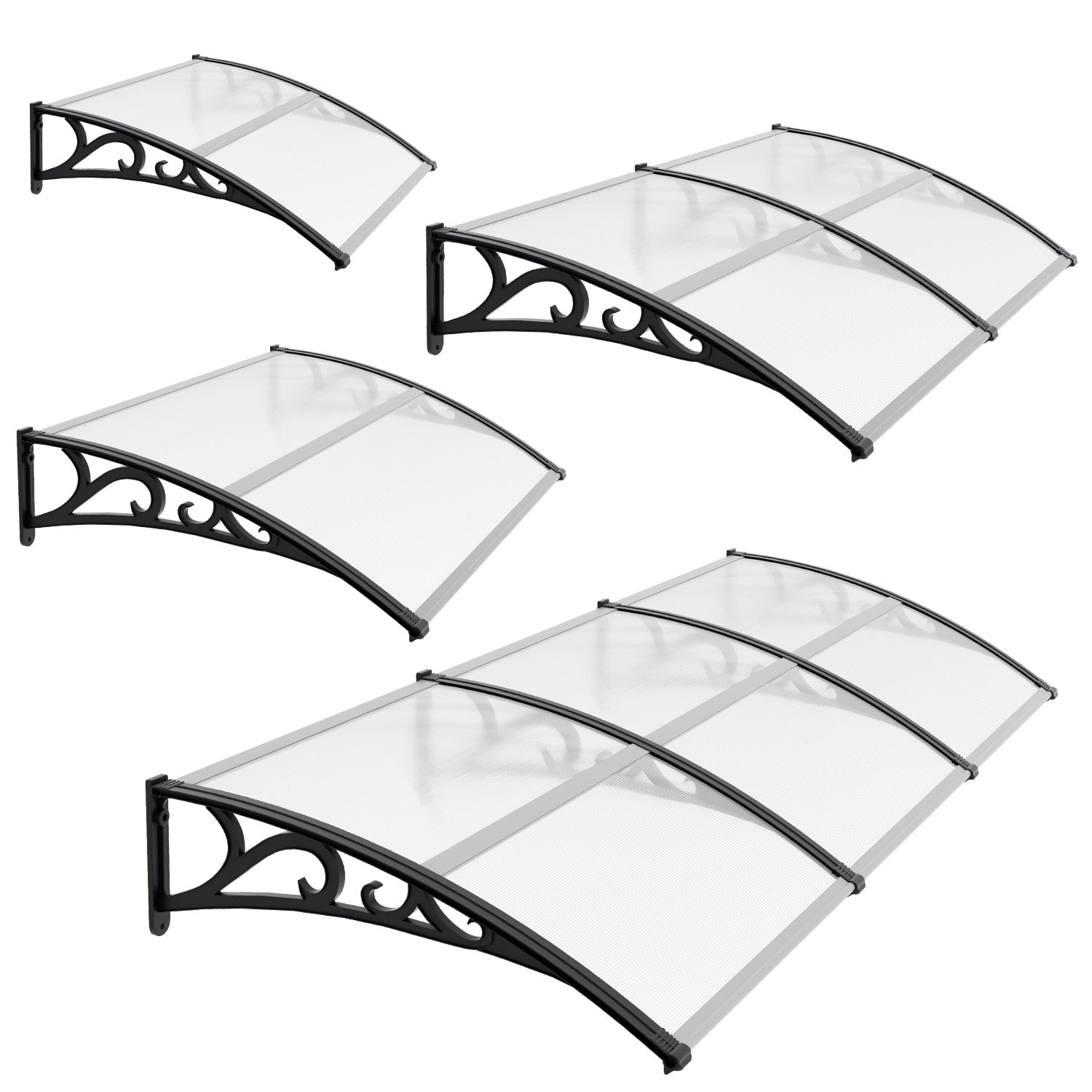 Vordach für Außentüren, transparente PC-Platten + schwarze Verstärkungsstreben, 6 mm dick, einseitig geneigtes, gewölbtes Vordach, schützt vor Sonne und Regen, vier Größen: 120 cm / 150 cm / 200 cm / 300 cm