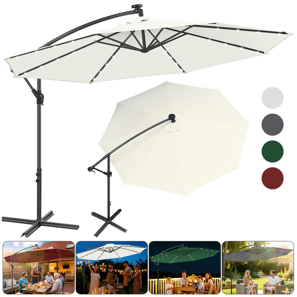 Ausziehbarer Sonnenschirm mit LED-Solarbeleuchtung, Durchmesser 300/350 cm, mit Kurbel, ausziehbarer Sonnenschirm mit Sockel, Gartensonnenschirm, Sonnenschutz, UV-Schutz, handbetätigter Sonnenschirm, Sonnenschirm für Märkte, wasserdicht