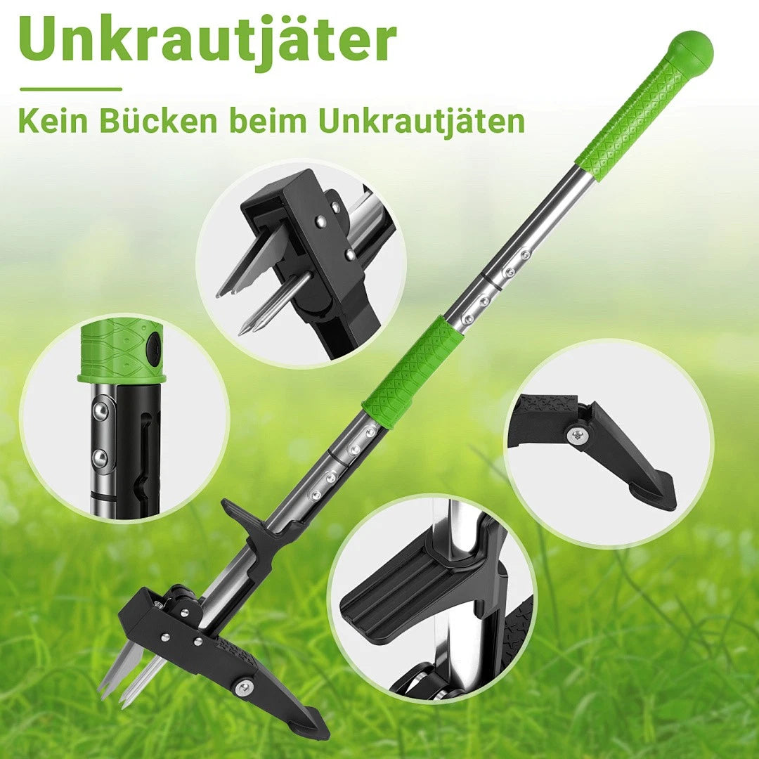 Grüne Unkrauthacke, vertikale Unkrauthacke mit vier Spitzen, Erdspaten, dreiteiliger Aluminium-Löwenzahnspaten, Unkrauthacke mit langem Stiel, geeignet für Garten und Rasen, Werkzeug zum Entfernen von Löwenzahnwurzeln, ergonomisch gestaltet