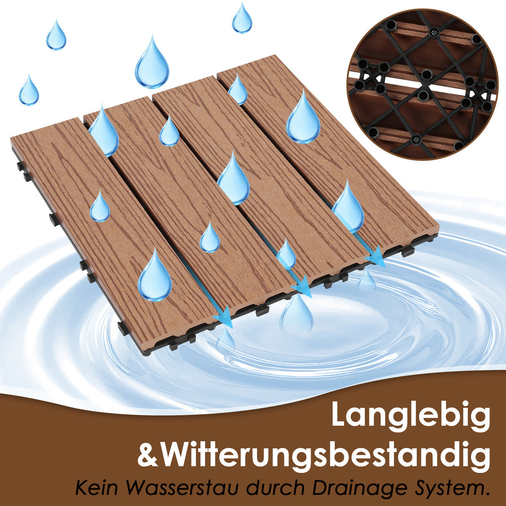 WPC-Terrassenfliesen in Holzoptik, 30 x 30 cm, WPC-Bodenfliesen, Terrassen- und Balkonfliesen mit Klicksystem und Entwässerungsfunktion, wasserfest und rutschfest, Teakholzfarben/Rotbraun/Dunkelgrau, 1–5 m²