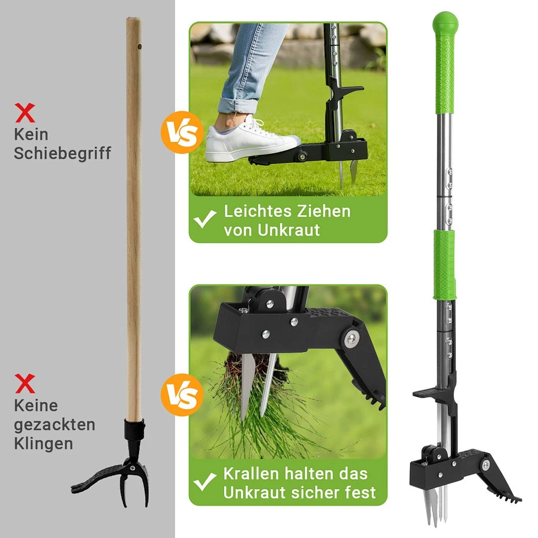 Grüne Unkrauthacke, vertikale Unkrauthacke mit vier Spitzen, Erdspaten, dreiteiliger Aluminium-Löwenzahnspaten, Unkrauthacke mit langem Stiel, geeignet für Garten und Rasen, Werkzeug zum Entfernen von Löwenzahnwurzeln, ergonomisch gestaltet