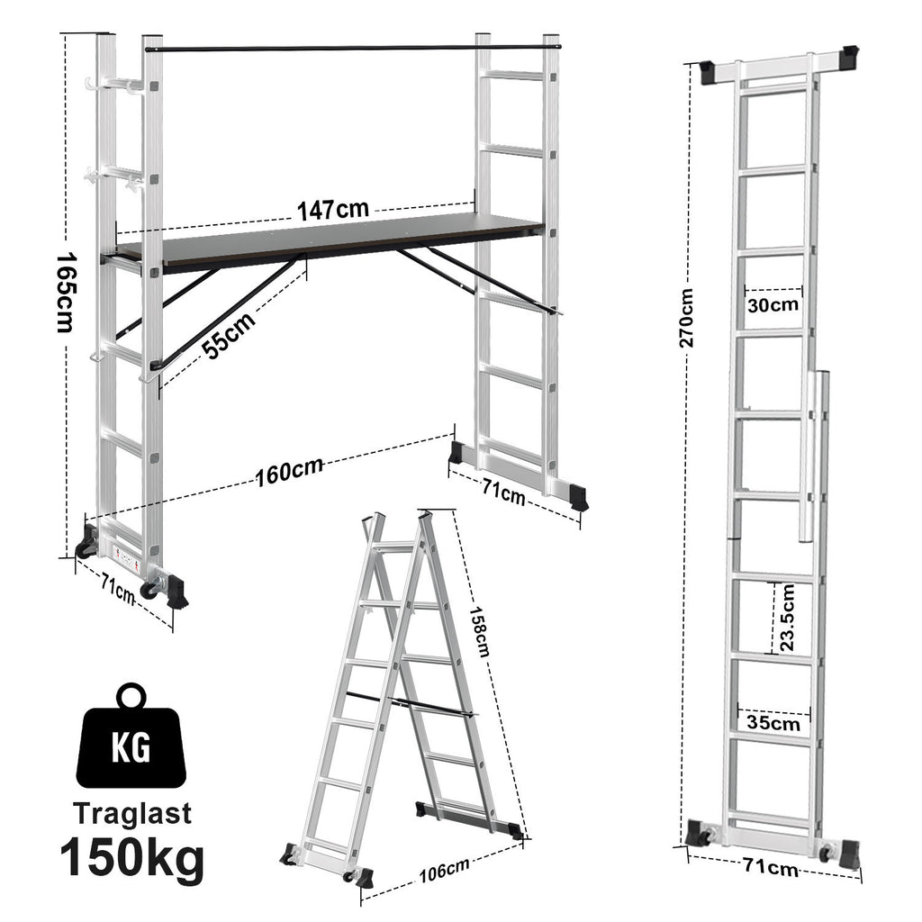 Gerüst, 4 in 1 Alu Multifunktionsleiter 6+6 Stufen, Mobile Mehrzweckleiter mit Plattform und 2 Räder, Arbeitsgerüst, Arbeitsbühne, Belastbar bis max. 150 Kg