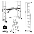 Gerüst, 4 in 1 Alu Multifunktionsleiter 6+6 Stufen, Mobile Mehrzweckleiter mit Plattform und 2 Räder, Arbeitsgerüst, Arbeitsbühne, Belastbar bis max. 150 Kg