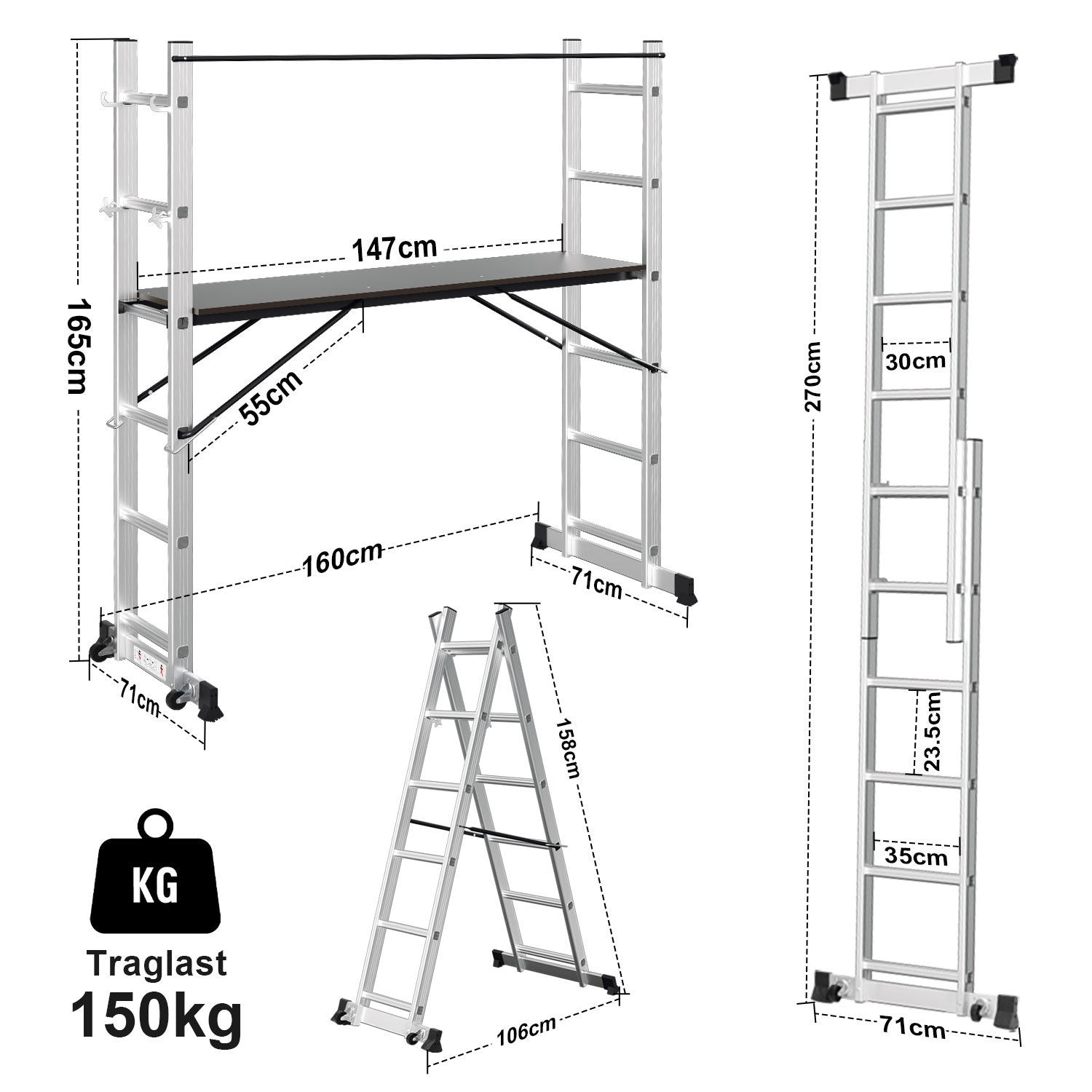 Gerüst, 4 in 1 Alu Multifunktionsleiter 6+6 Stufen, Mobile Mehrzweckleiter mit Plattform und 2 Räder, Arbeitsgerüst, Arbeitsbühne, Belastbar bis max. 150 Kg
