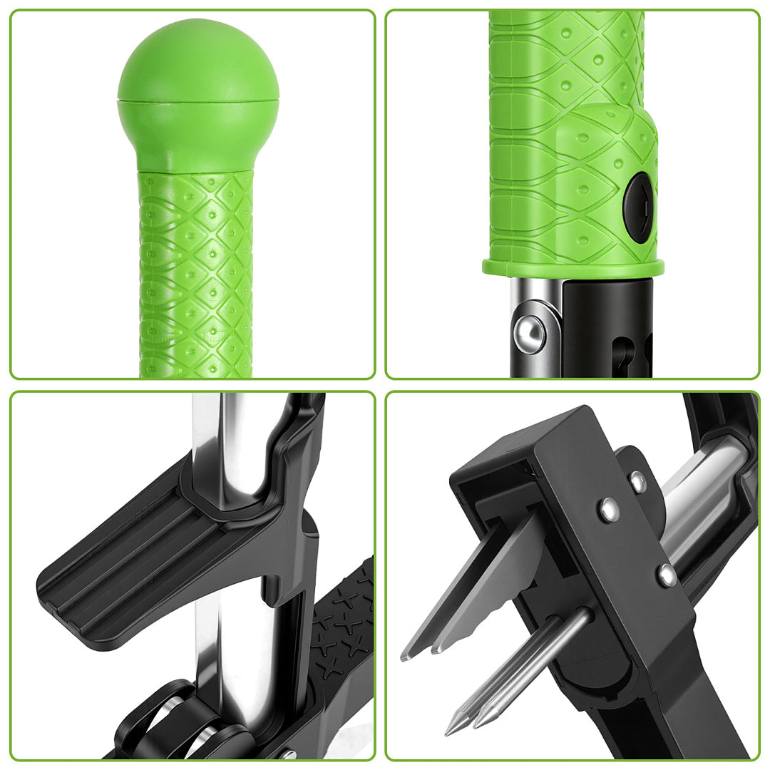 Grüne Unkrauthacke, vertikale Unkrauthacke mit vier Spitzen, Erdspaten, dreiteiliger Aluminium-Löwenzahnspaten, Unkrauthacke mit langem Stiel, geeignet für Garten und Rasen, Werkzeug zum Entfernen von Löwenzahnwurzeln, ergonomisch gestaltet