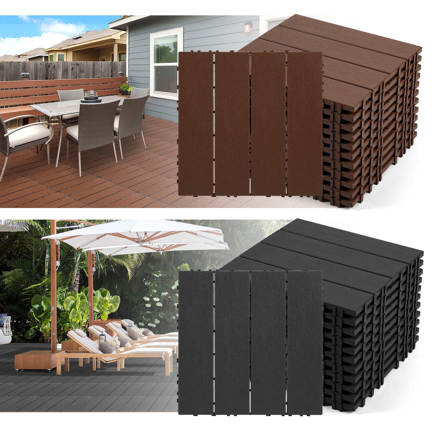 Terrassenfliesen aus Polypropylen, 30 x 30 cm, anthrazitgrau/rotbraun, Kunststoff | Witterungsbeständig, rutschfest, einfache Verlegung, geeignet für Terrassen, Balkone und Gärten, leicht zu reinigen, Kunststoffbodenbelag, 1–5 m²