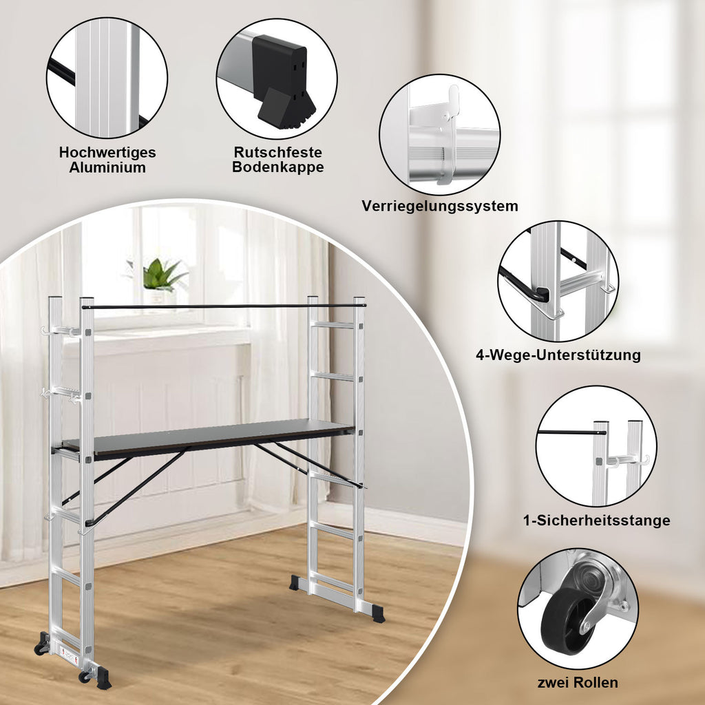 Gerüst, 4 in 1 Alu Multifunktionsleiter 6+6 Stufen, Mobile Mehrzweckleiter mit Plattform und 2 Räder, Arbeitsgerüst, Arbeitsbühne, Belastbar bis max. 150 Kg