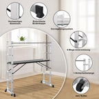 Gerüst, 4 in 1 Alu Multifunktionsleiter 6+6 Stufen, Mobile Mehrzweckleiter mit Plattform und 2 Räder, Arbeitsgerüst, Arbeitsbühne, Belastbar bis max. 150 Kg