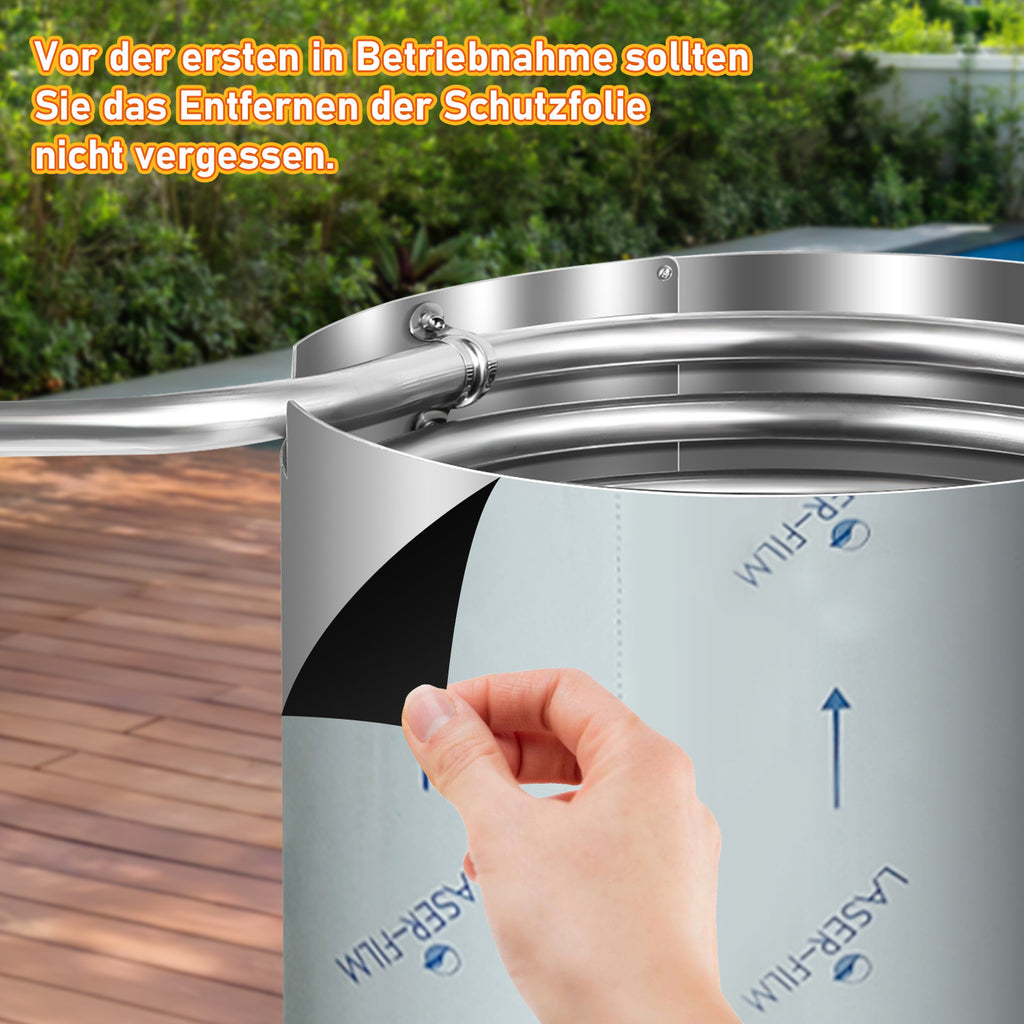 Brennholz Poolheizung, Poolheizung mit Feuer, Poolheizung Feuertonne, Edelstahl Pool beheizt Feuer Eimer 32/38mm Anschlüsse, 100% rostfreier Edelstahl mit Feuerfeste Matte und Rußschublade