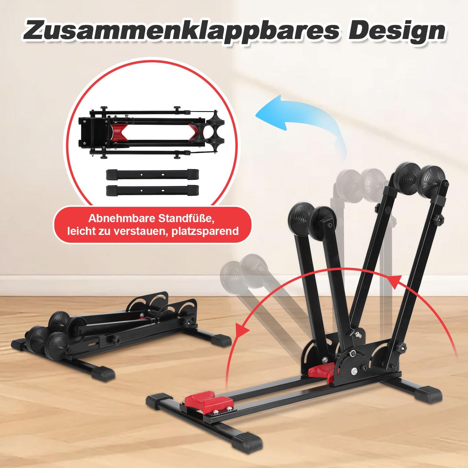 3-in-1-Klappfahrradständer, vertikale oder horizontale Aufstellung möglich, keine Bohrungen erforderlich, geeignet für 24–29 Zoll, robuste Konstruktion aus Kohlenstoffstahl, rutschfeste Unterlegmatten, geeignet für Garagen, Wohnungen und Keller