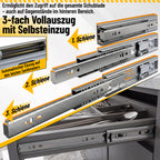 Vollauszug-Schubladenführungen mit automatischer Rückstellfunktion, Kugellagerführung, aus verzinktem Stahl; Schubladenführungen mit einer Tragkraft von bis zu 45 kg pro Paar, in verschiedenen Größen erhältlich.