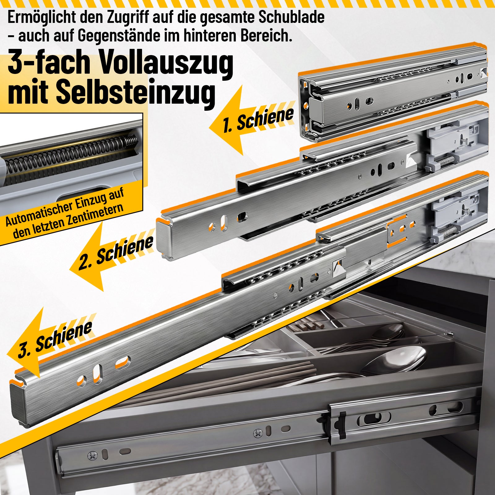 Vollauszug-Schubladenführungen mit automatischer Rückstellfunktion, Kugellagerführung, aus verzinktem Stahl; Schubladenführungen mit einer Tragkraft von bis zu 45 kg pro Paar, in verschiedenen Größen erhältlich.