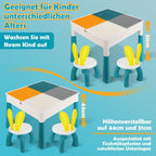 Kindertisch mit 2 Stühlen, 251 Bausteine, höhenverstellbar, 51x51cm doppelseitige Platte, Stauraum innen 10cm, 4 Boxen, rutschfeste Pads, Belastbarkeit 80kg, PP+ABS, Weiß/Blau, ab 2 Jahren