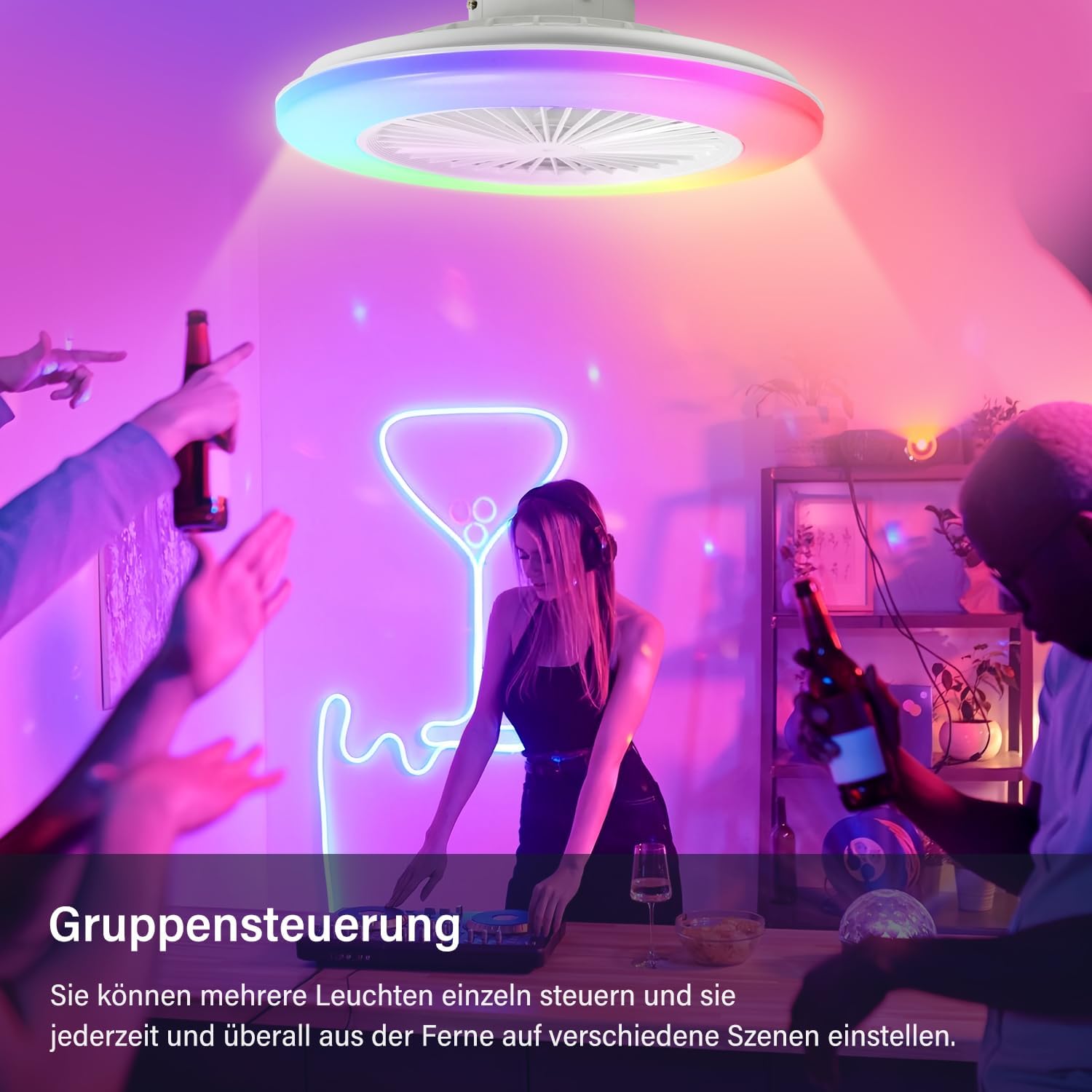 Deckenventilator Mit Beleuchtung, Smart RGB LED Fan Licht, φ50cm Deckenleuchte mit Ventilator, dimmbar, App und Fernbedienung, 6-Gang, 3 Farbtemperatur, Timer, Sommer/Wintermodus