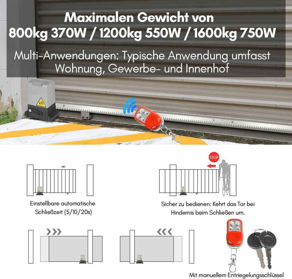 Schiebetorantrieb Set Flügeltorantrieb Torantrieb 12M garagentorantrieb, Automatische Schließfunktion, mit 2 Fernbedienung & Entriegelungsschlüssel, für Innenhof, Weide, Fabrik