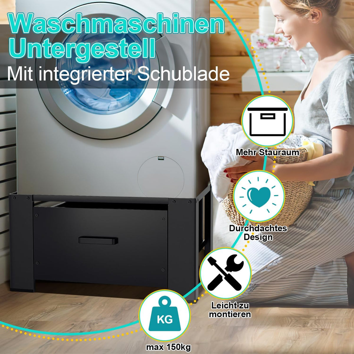 Waschmaschinen Unterschrank mit Schublade 63x54x32 cm – Podest für Waschmaschine und Trockner, mit großer Schublade (44x48x18 cm) und Gummiauflage zur Geräuschdämpfung