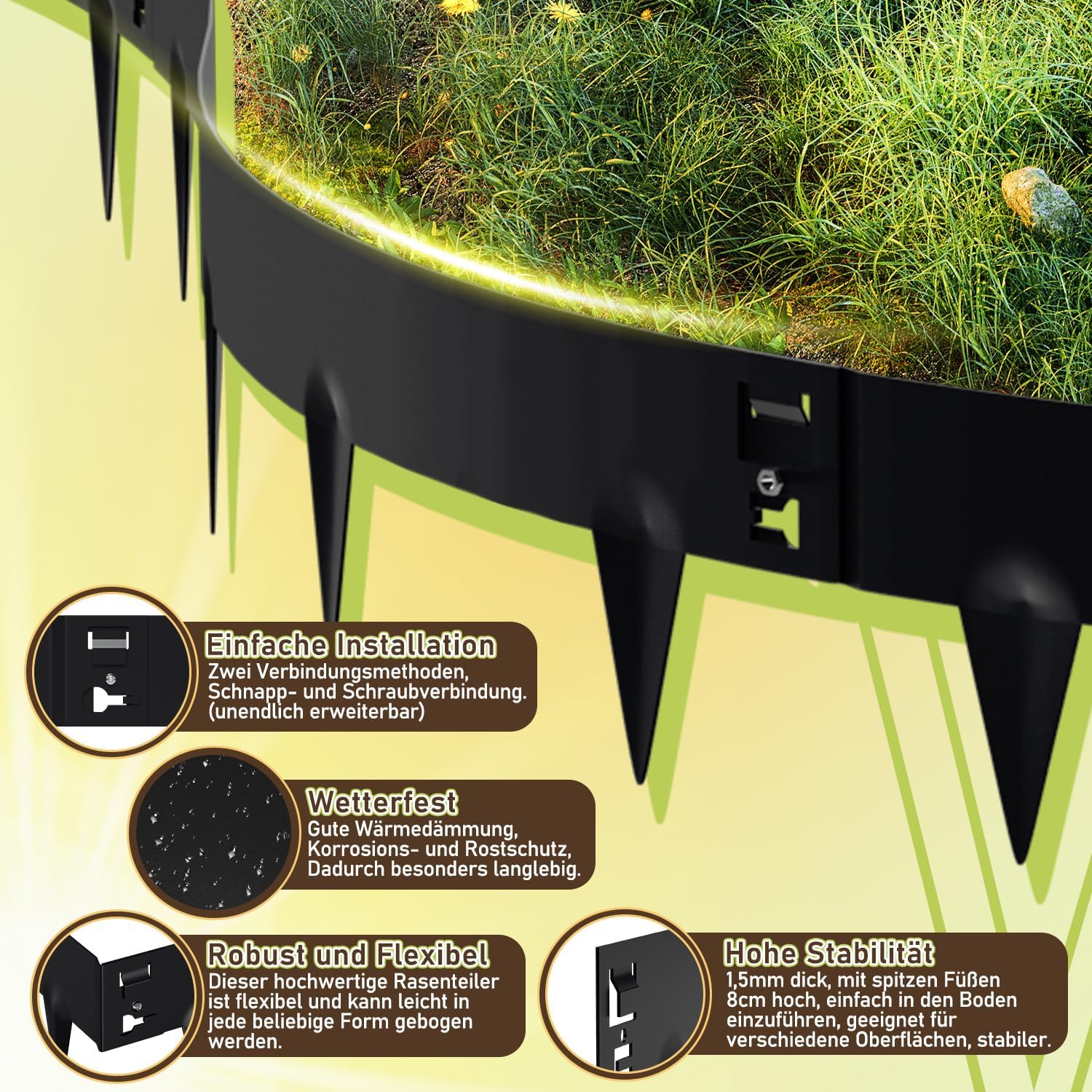 Rasenkante mit Dornen, 100x15cm Rasenkante Metall Beetumrandung, Beeteinfassung Flexible Verformbar Metall Palisade für Garten Bauernhof, Silber/Schwarz