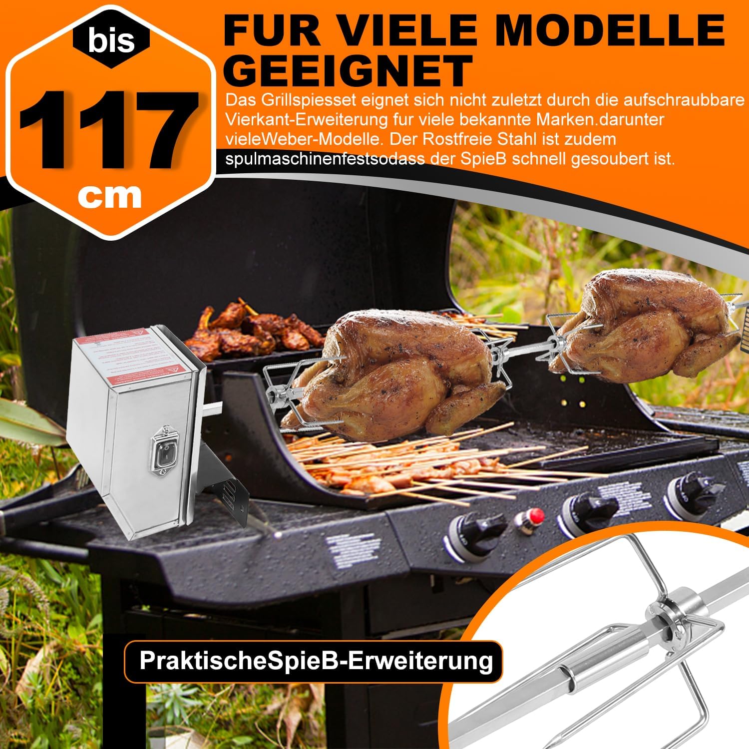 Grillspieß Set, Edelstahl Rotisserie mit 4X Fleischnadeln BBQ Fleischklammer, Griffstück, Motor Elektrischer Drehspieß, Automatischer Fleischwender für Grill, Ofen & Camping