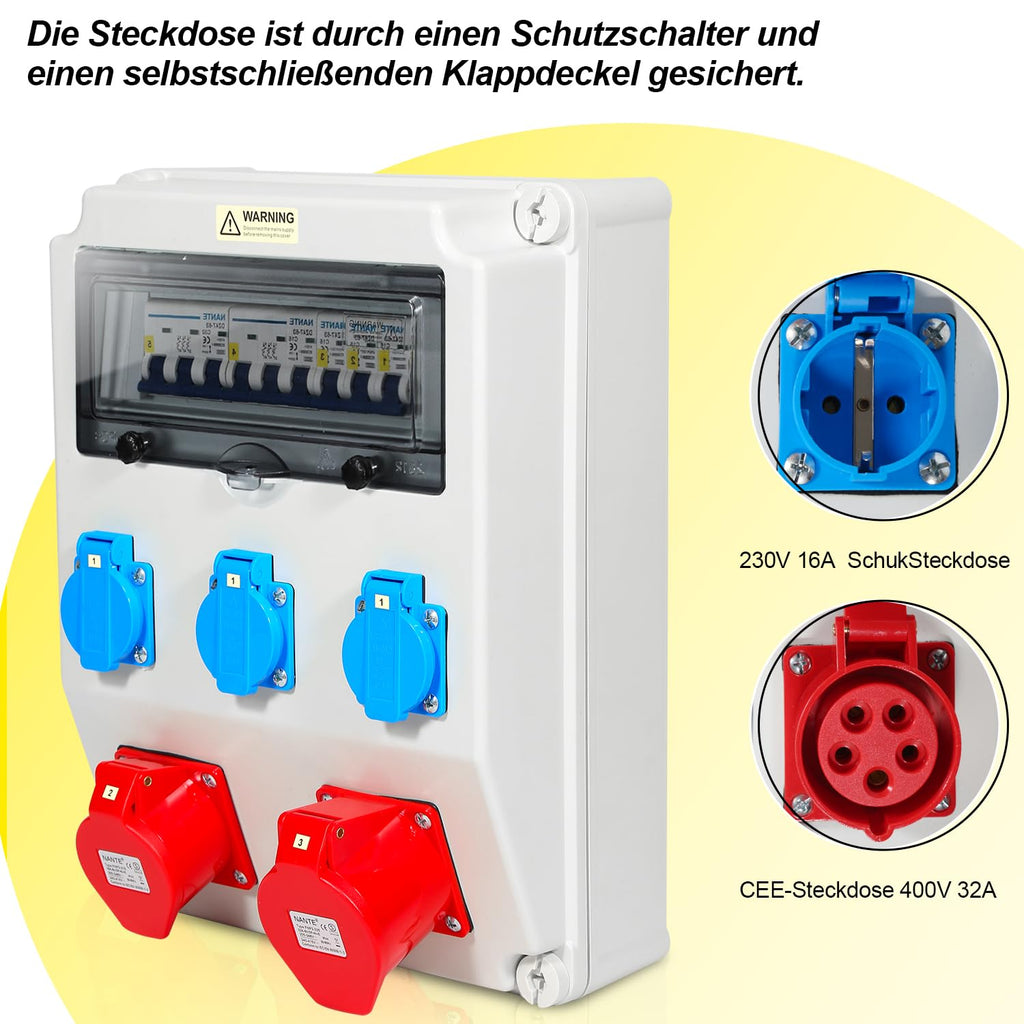 Baustromverteiler, 5 Polig Baustromverteiler mit 3xSchuko-Steckdose und CEE-Steckdose 16/32A Stromverteiler für Innen und Außen