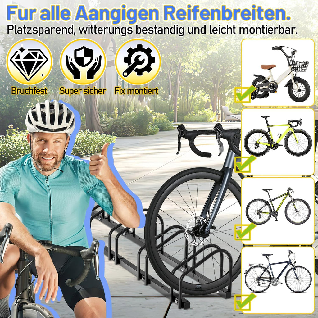 Fahrradständer für 2/3/4/5/6 Fahrräder, bodenmontierter Fahrradständer, Radabstand 30 cm, geeignet für Reifenbreiten von 35–55 mm, für die Montage am Boden oder an der Wand geeignet, schwarz
