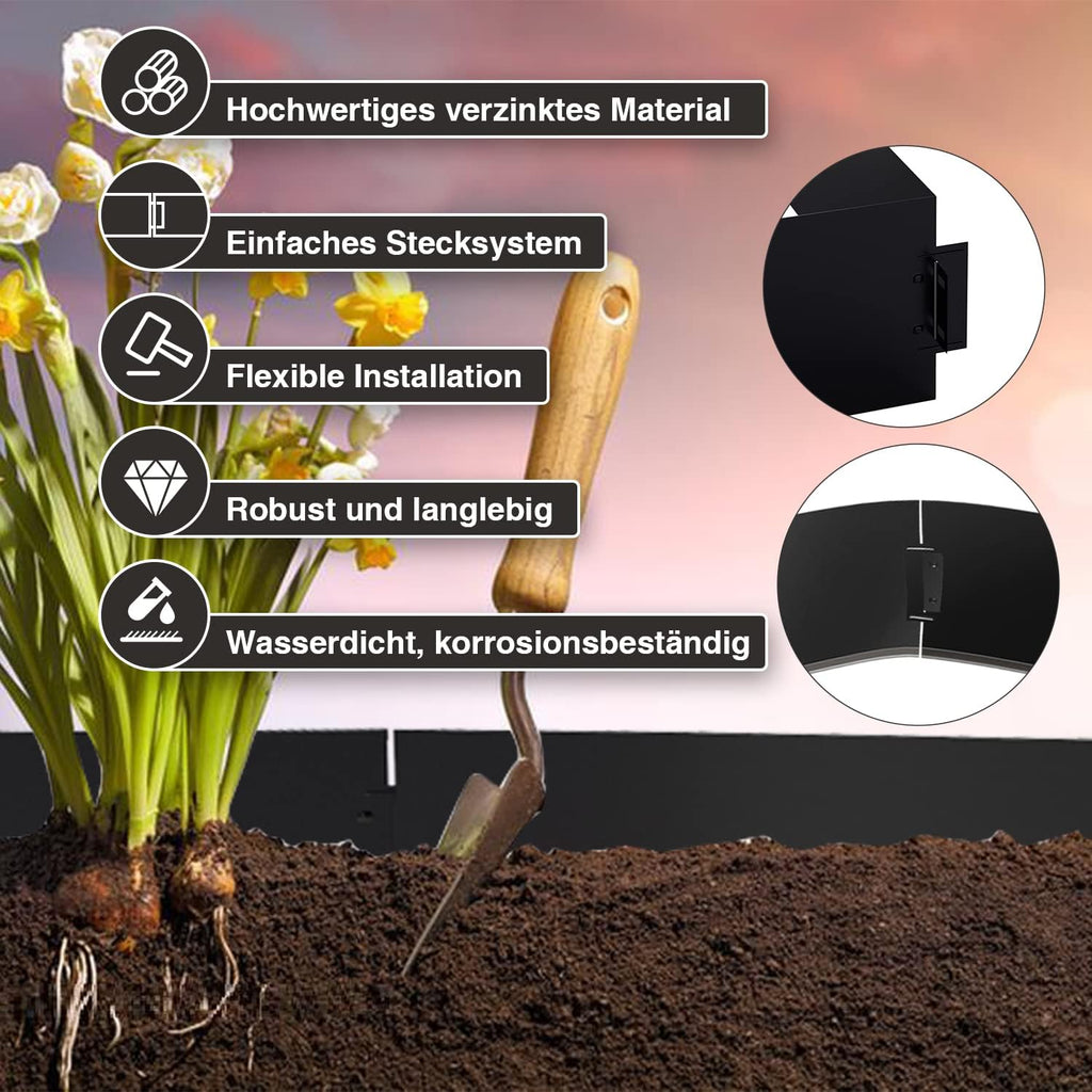 Rasenkante verzinkt Metall, 5m 10m 15m 20m 25m 30m 35m 40m 45m 50m 100x15cm Beeteinfassung Mähkante Palisade Gartenbeet, Silber oder Schwarz (Länge 5m - Höhe 15cm)