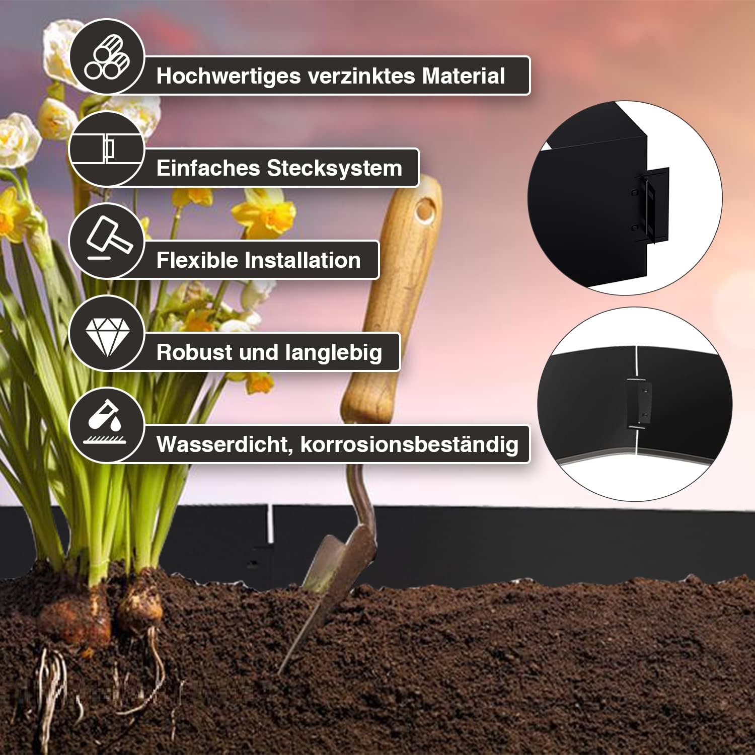 Rasenkante verzinkt Metall, 5m 10m 15m 20m 25m 30m 35m 40m 45m 50m 100x15cm Beeteinfassung Mähkante Palisade Gartenbeet, Silber oder Schwarz (Länge 5m - Höhe 15cm)