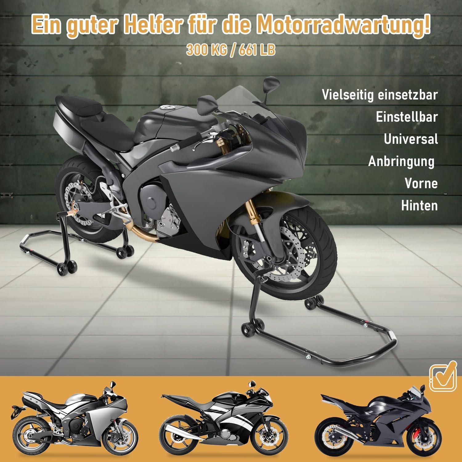 Motorradständer hinten & vorn Motorrad Set, Motorrad Ständer Motorrad Heber mit 4 Rollen Motorrad Hebebühne, Stabilität, Belastbar bis 300 kg