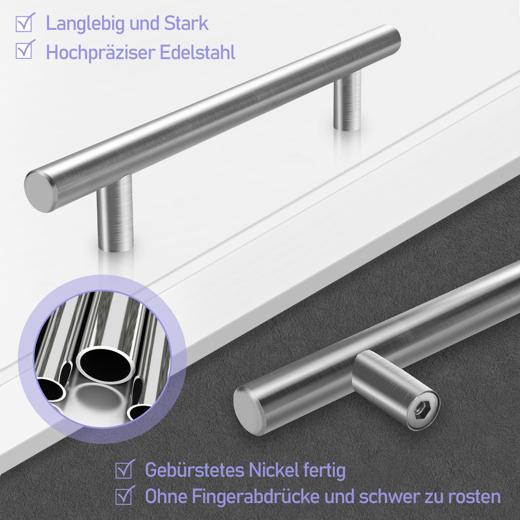 10er-Pack silberfarbene Edelstahl-Schrankgriffe, T-förmige Griffe mit einem Durchmesser von 12 mm, Türgriffe und Stangengriffe, Lochabstände 96/128/160 mm, hochwertige Möbelgriffe für Küchenschränke und Schubladen