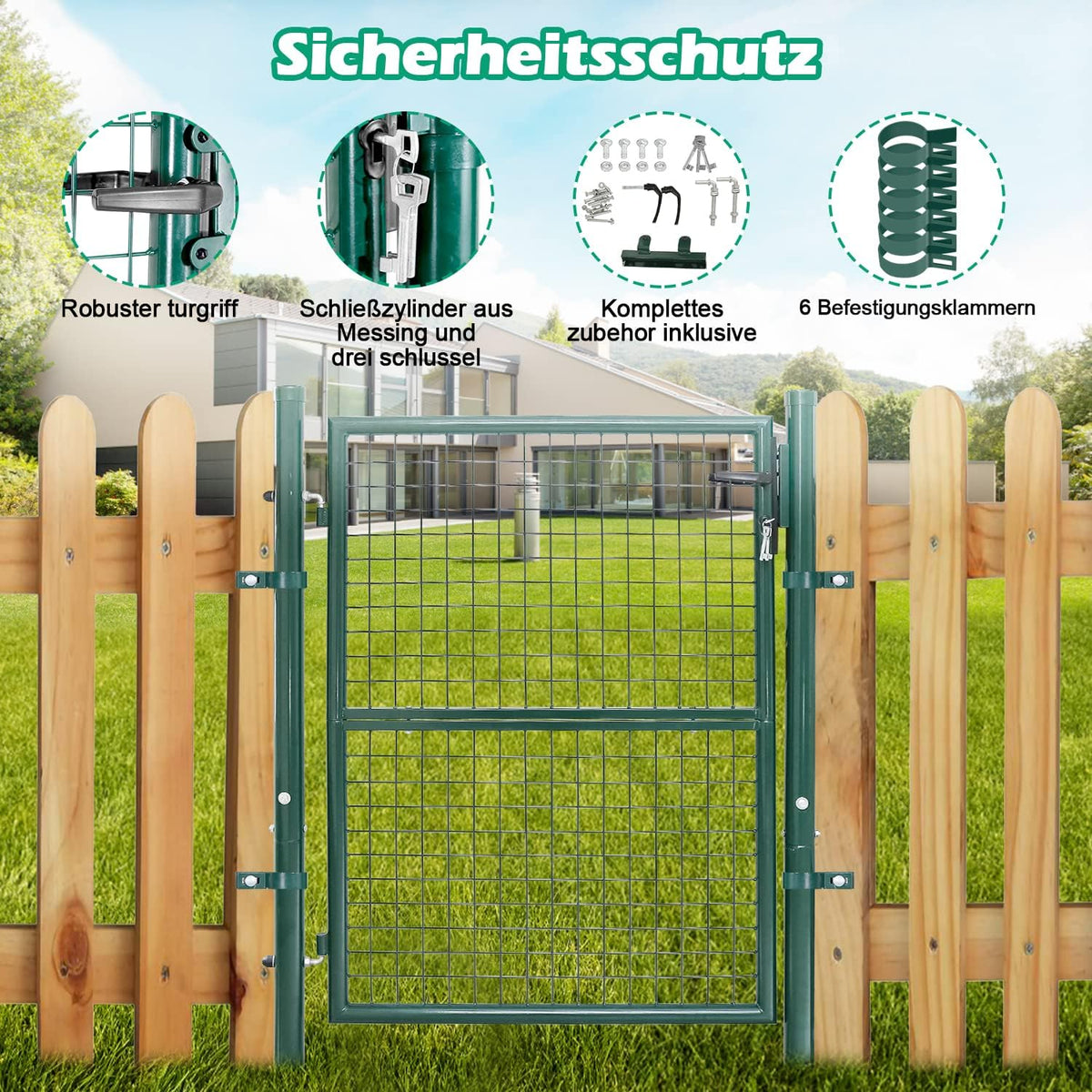 Gartentor 100x100cm/120x100cm/150x100cm Zauntor Gartentür aus verzinktem Stahl inkl. Griff Schloss und 3 Schlüssel Robust und Langlebig Hoftor für Stabmattenzau Pforte Einfahrtstür Grün