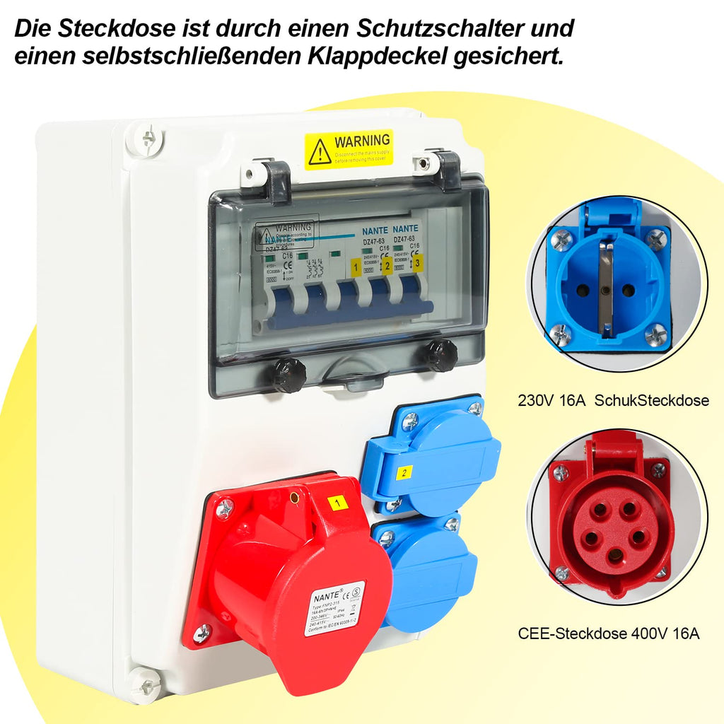 Wandverteiler mit Leitungsschutzschalter, Stromverteiler 2xSchuko-Steckdose und CEE-Steckdose 16A, 5 polig Wandverteiler, für Baustelle Innen und Außen
