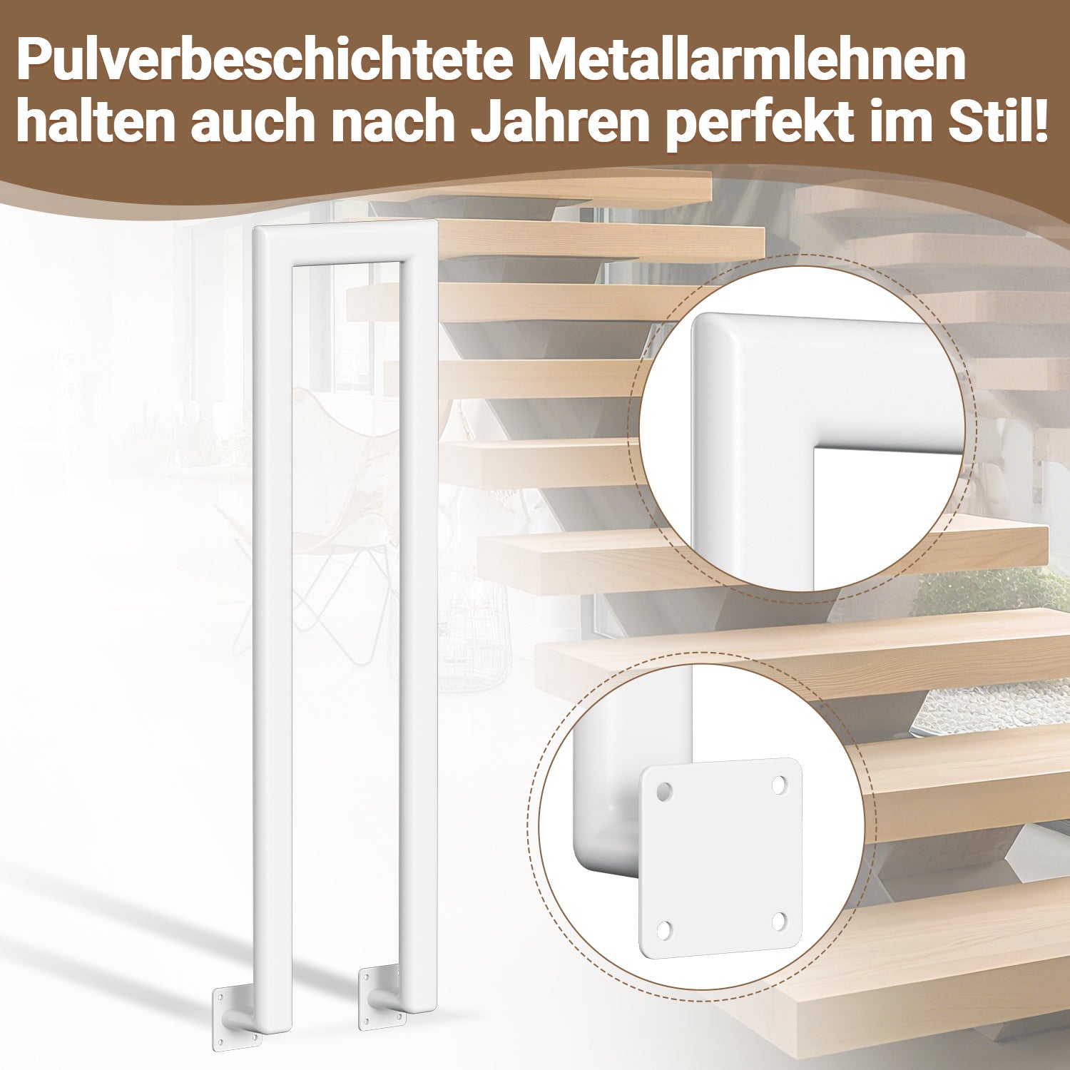Handläufe für Innen- und Außentreppen, U-förmige, weiße, ovale Metallhandläufe, geeignet für Villen, Balkone, Flure und Wohnungen, Breite 20 cm, seitliche Montage, erhältlich in fünf Längen: 75 cm, 85 cm, 95 cm, 100 cm und 110 cm.