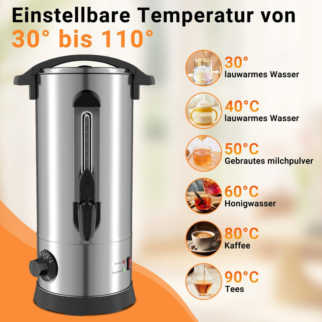 Glühweinkocher 10L, 1500W Glühweinkocher mit Zapfhahn Thermostat,Glühweintopf Edelstahl mit Wasserstandsanzeige, Einstellbare Temperatur von 30-110°C,Heißgetränkeautomat 10x Becher,Silber