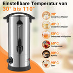 Glühweinkocher 10L, 1500W Glühweinkocher mit Zapfhahn Thermostat,Glühweintopf Edelstahl mit Wasserstandsanzeige, Einstellbare Temperatur von 30-110°C,Heißgetränkeautomat 10x Becher,Silber