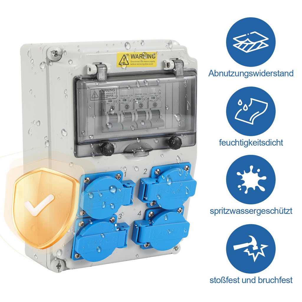 Wandverteiler, Baustromverteilerkasten mit 4xSchuko-Steckdose16A 250V, 4xCEE Steckdosen 16A 1P, Baustromverteiler mit Leitungsschutzschalter und Wasserdichte für Innen und Außen