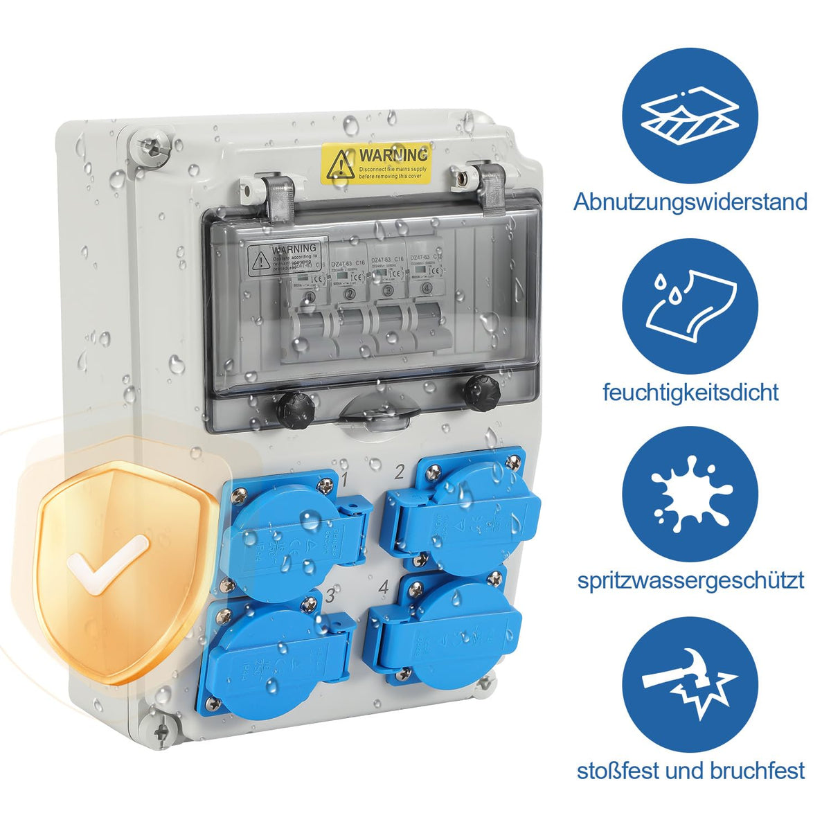 Wandverteiler, Baustromverteilerkasten mit 4xSchuko-Steckdose16A 250V, 4xCEE Steckdosen 16A 1P, Baustromverteiler mit Leitungsschutzschalter und Wasserdichte für Innen und Außen