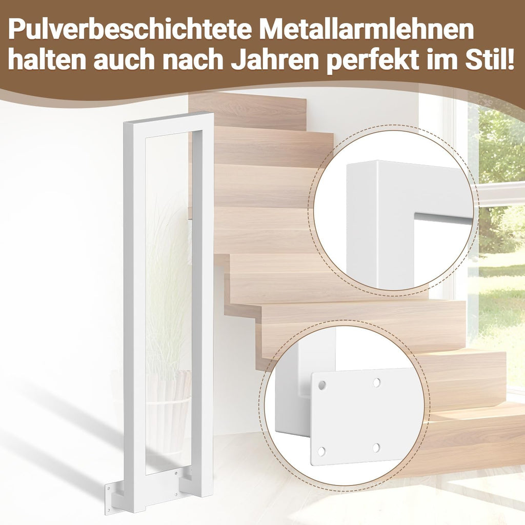 Weiß/Schwarz Treppengeländer Innen, 75/85/95/100/110 cm U-förmiger Treppengeländer, Handlauf aus Metall, Geländer aus Vierkantrohr für Lofts, Villen und Wohnungen, Verbundene Grundplatten, Seitenmontage