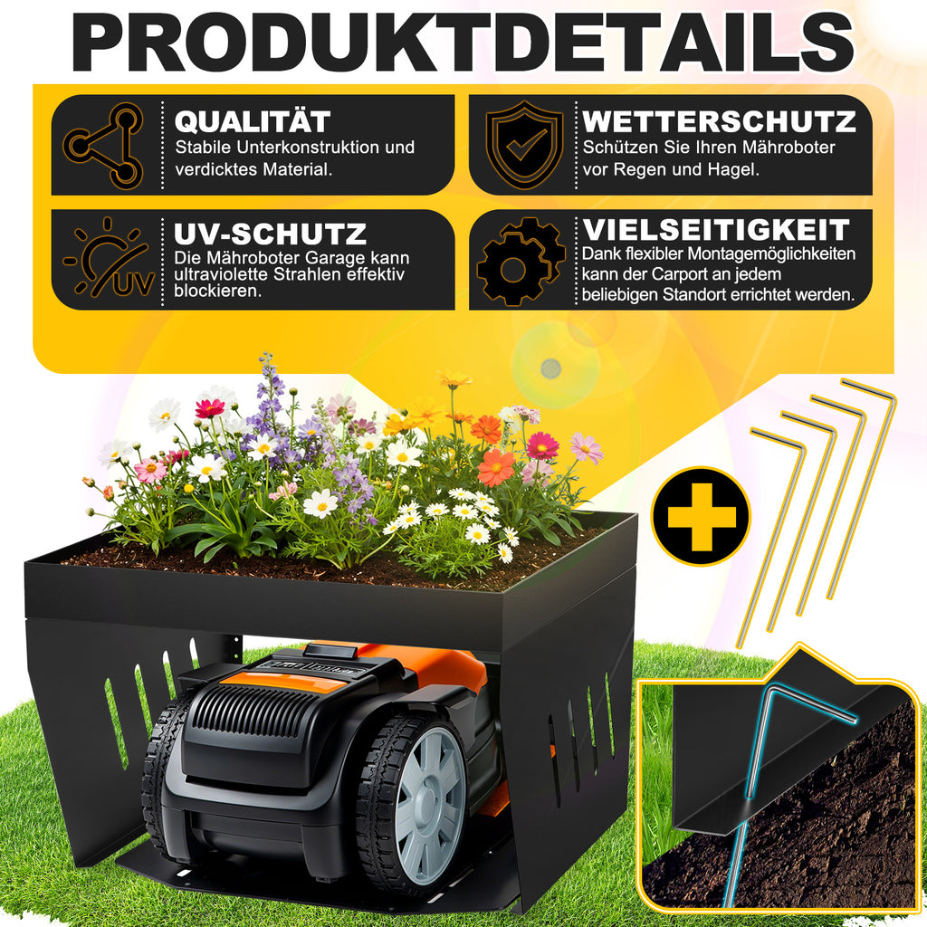 Garage für Mähroboter, 70 x 61 x 42 cm, Überdachung für Rasenmäher, spezielle Überdachung für Rasenmäher/Mähroboter, mit begrünbarem Dach, Wasserablauf und 4 Bodenverankerungen, bietet wirksamen Schutz vor Regen und Hagel, schwarz