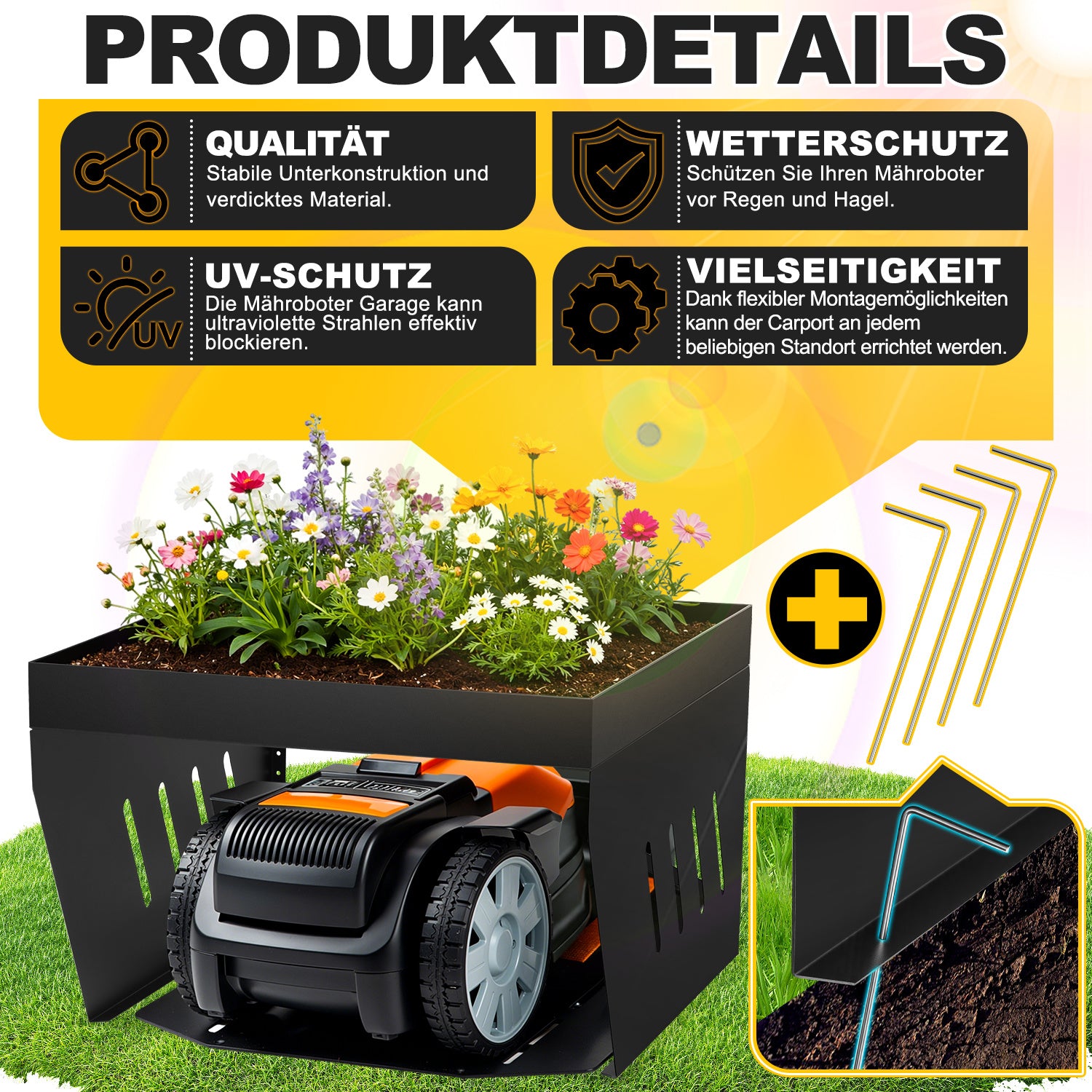 Garage für Mähroboter, 70 x 61 x 42 cm, Überdachung für Rasenmäher, spezielle Überdachung für Rasenmäher/Mähroboter, mit begrünbarem Dach, Wasserablauf und 4 Bodenverankerungen, bietet wirksamen Schutz vor Regen und Hagel, schwarz